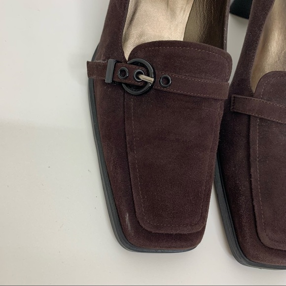 Stuart Weitzman Brown Buckle Square Toe Block Heeled Loafer Style Heels Size 9 - Picture 8 of 12